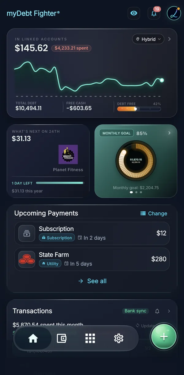 Pantalla de inicio: saldo en cuentas conectadas, próximo pago y meta mensual