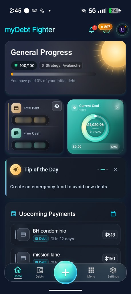 Captura real del dashboard de MyDebt Fighter